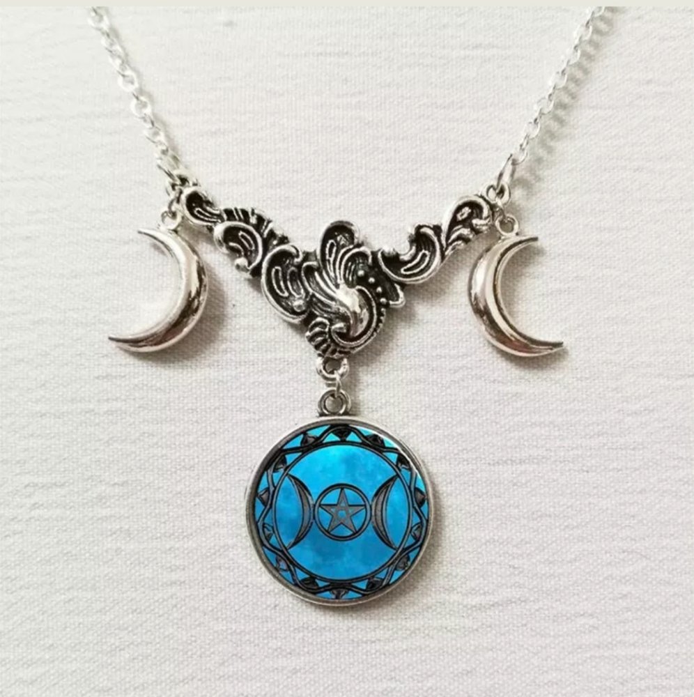 New Triple Moon Cabochon & Crescent Moons Necklace